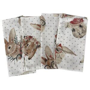 New Bunny Tales Easter Fabric Napkins Cloth Set Of 4 Cotton Rabbit Glasses Hat